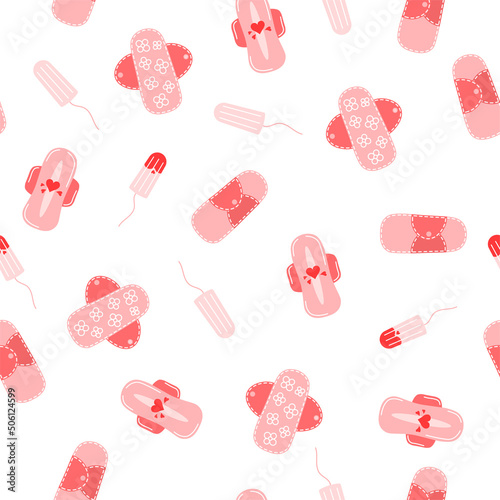 Menstrual period concept. Seamless pattern with ecological pad and tampon.  Zero waste period.