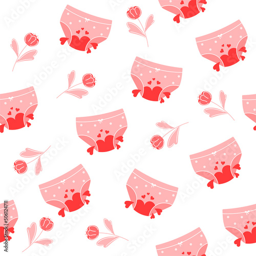 Menstrual period concept. Seamless pattern with panties, blood and flower.  Zero waste period.