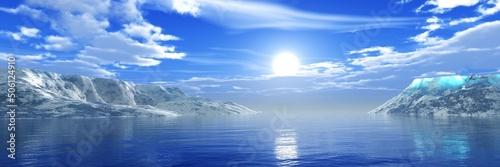 Foto Icebergs in the ocean, arctic ocean, ice in the sea, 3d rendering