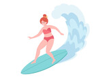 Woman surfing on surfboard and catching waves in ocean. Summer activity, summertime, surfing. Hello summer. Summer Vacation. Hand drawn vector illustration
