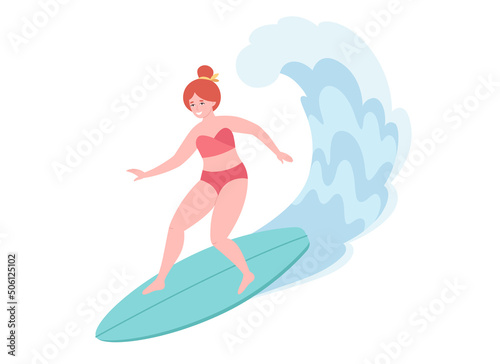 Woman surfing on surfboard and catching waves in ocean. Summer activity, summertime, surfing. Hello summer. Summer Vacation. Hand drawn vector illustration