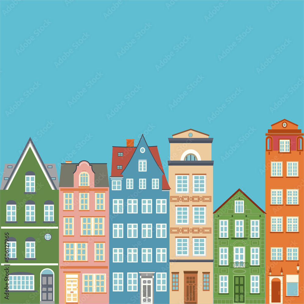 European city street. West european styled buildings. Facades with doors, windows and design elements. Vector design for card, wallpaper...