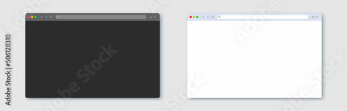 Browser window set in night and light mode theme. Window internet browser concept in flat dark and white style. Template design of computer or internet frame. Blank screen website mockup. Vector