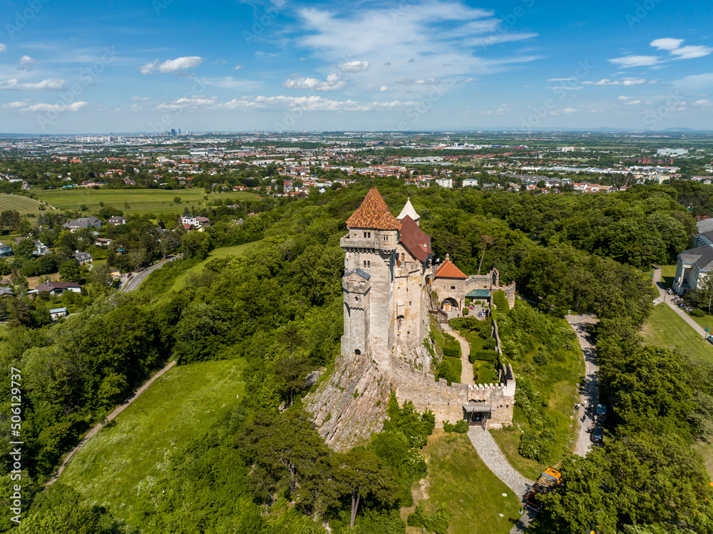 Austria - Liechtenstein Castle from the sky. The Liechtenstein Castle, situated on the southern edge of the Vienna.  Amazing view about a medieval castle