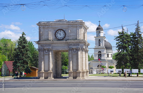 Moldova. Kishinev. 05.20.2022. View of the Arc de Triomphe and the Cathedral of the Nativity in the city center.