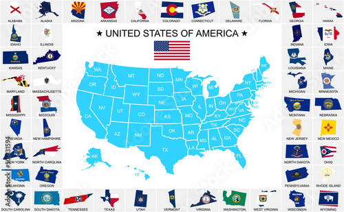 Blue map of United States of America with borders and short names, enclosed into frame of all 50 states flags. Vector design.