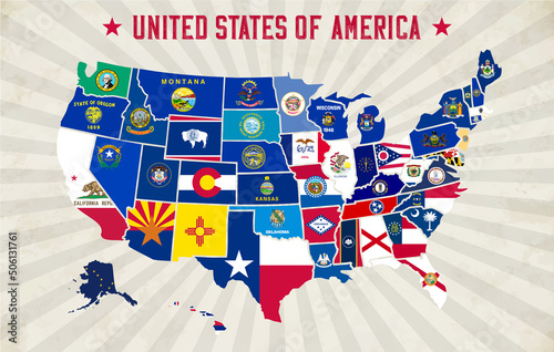 Multicolored map of United States of America with flags of states and borders. Vector design.