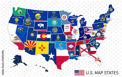 Multicolored map of United States of America with flags of states and borders. Vector design.