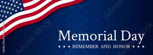 Vector of US Memorial Day celebration background banner or greeting card, with text and USA flag elements. 