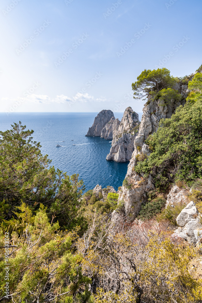 Faraglioni rocks along the coast of Capri Island, Italy