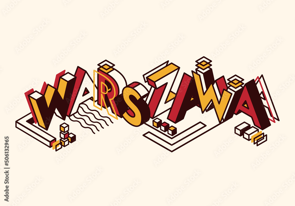 Warsaw / Warszawa isometric lettering. Stock vector illustration for poster, banner, print, greeting card. White, red, yellow colors of Warsaw flag. Creative logo, icon for capital of Poland. - obrazy, fototapety, plakaty 