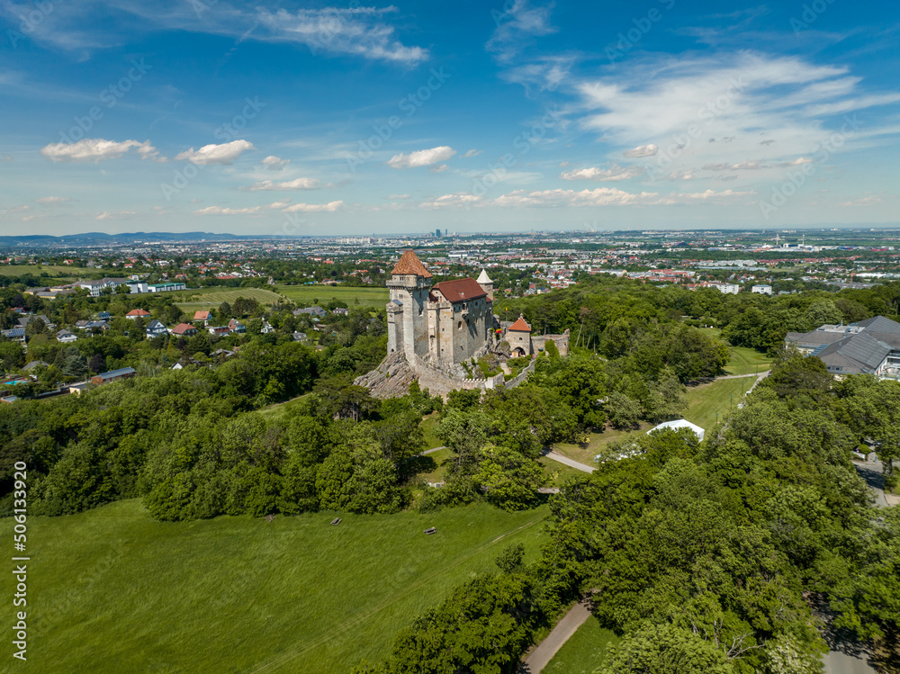 Austria - Liechtenstein Castle from the sky. The Liechtenstein Castle, situated on the southern edge of the Vienna.  Amazing view about a medieval castle