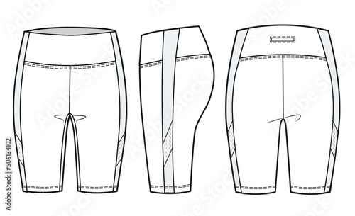 Girl's Short Legging fashion flat sketch template. Women's Biker Short Technical Fashion Illustration. Unisex cycling shorts fashion flat template.