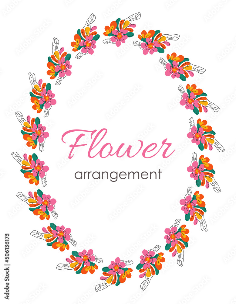 Vector colorful flower wreath. Modern bright design. Isolated illustration. Composition for invitations, postcards, decorations.