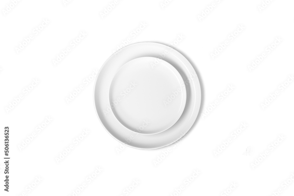 Realistic white food dish plate set. Design template, mock isolated on white up for graphics, printing etc. Top view.3d rendering. Realistic white food dish plate set. Design template, mock isolated on white up for graphics, printing etc. Top view.3d rendering.