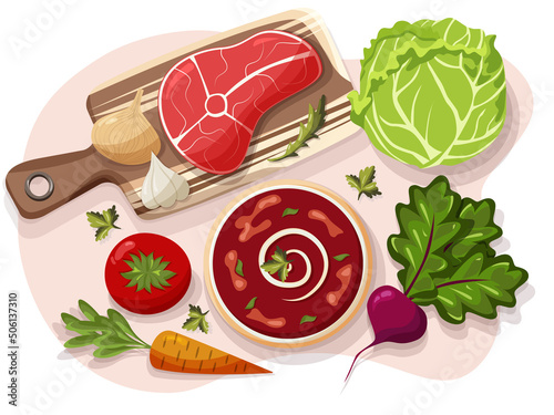 Ukrainian national meal borscht with all ingredients around