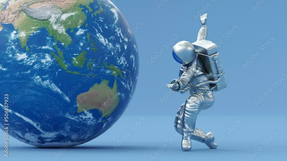 Surreal dancing astronaut or cosmonaut or spaceman in space suit, futuristic sci-fi cosmic galactic background, 3d render modern trendy contemporary creative animation, Earth planet Surreal dancing astronaut or cosmonaut or spaceman in space suit, futuristic sci-fi cosmic galactic background, 3d render modern trendy contemporary creative animation, Earth planet