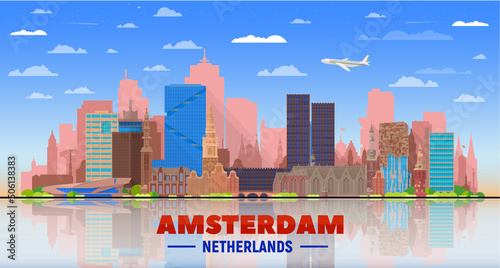 Amsterdam skyline with panorama in white background. Vector Illustration. Business travel and tourism concept with modern buildings. Image for presentation, banner, web site.
