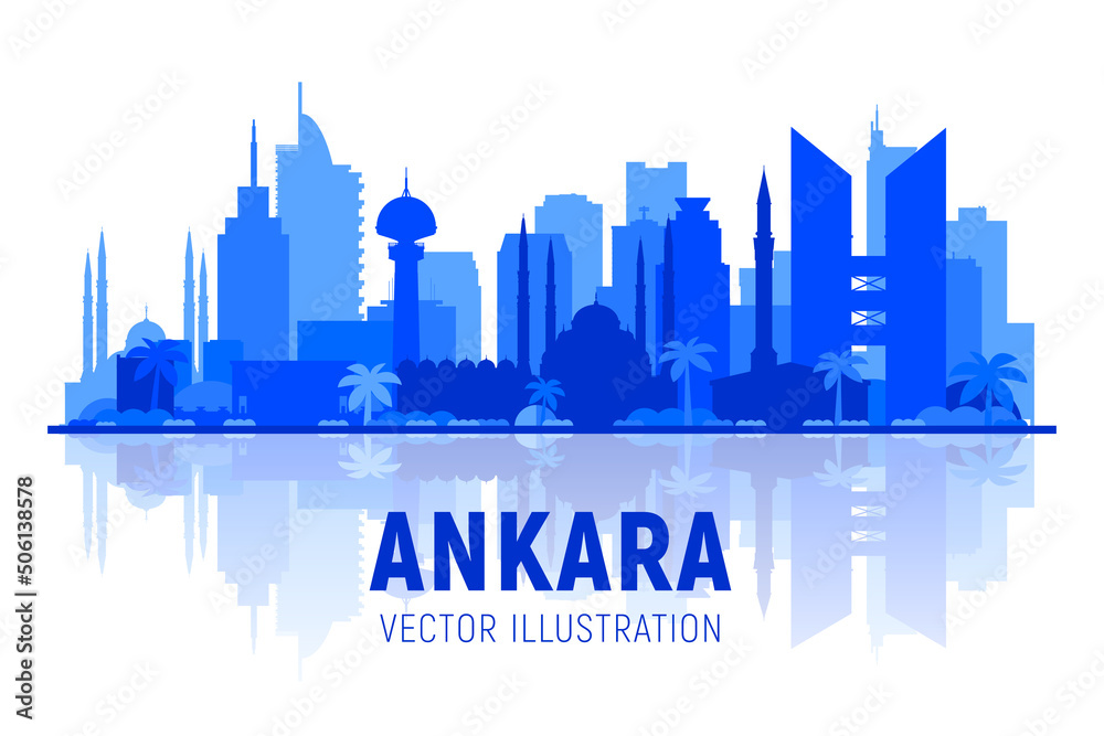 Ankara (Turkey) city skyline silhouette at white background. Flat vector illustration. Business travel and tourism concept with modern and old buildings. Image for banner or web site.
