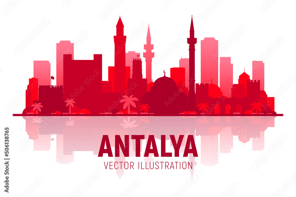 Antalya ( Turkey ) vector skyline with city shilhouette in white background. Business travel and tourism concept with modern buildings. Image for presentation, banner, placard and web site.
