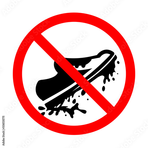 Modern sign, icon prohibiting walking in dirty street shoes. Black sole or grange foot. Sneakers, Running shoes. Vector.