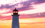 Close up of the Peggy's Cove Lighthouse during a vibrant sunset. Atlantic Coast, Nova Scotia, Canada. The most visited tourist location in the Atlantic Canada