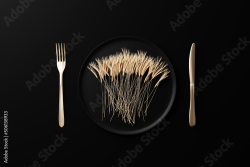 a plate with wheat on a black background, next to a golden fork and knife, 3d rendering. the concept of hunger and deprivation, problems with the supply of crops