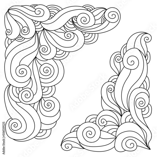 Zen doodle corners with curls and spirals, meditative coloring or design element