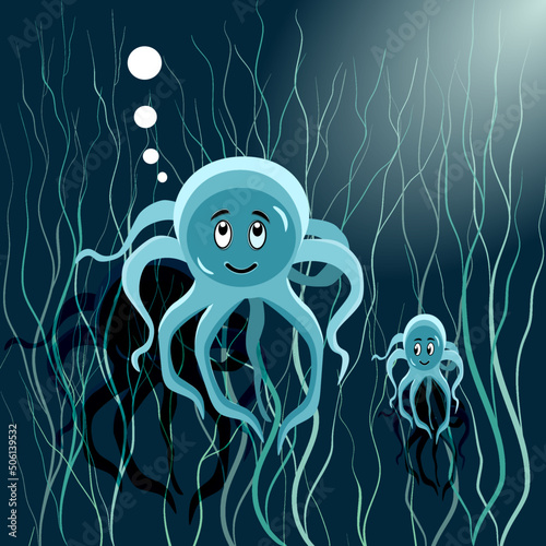 Vector octopus family underwater with algae in flat technique 