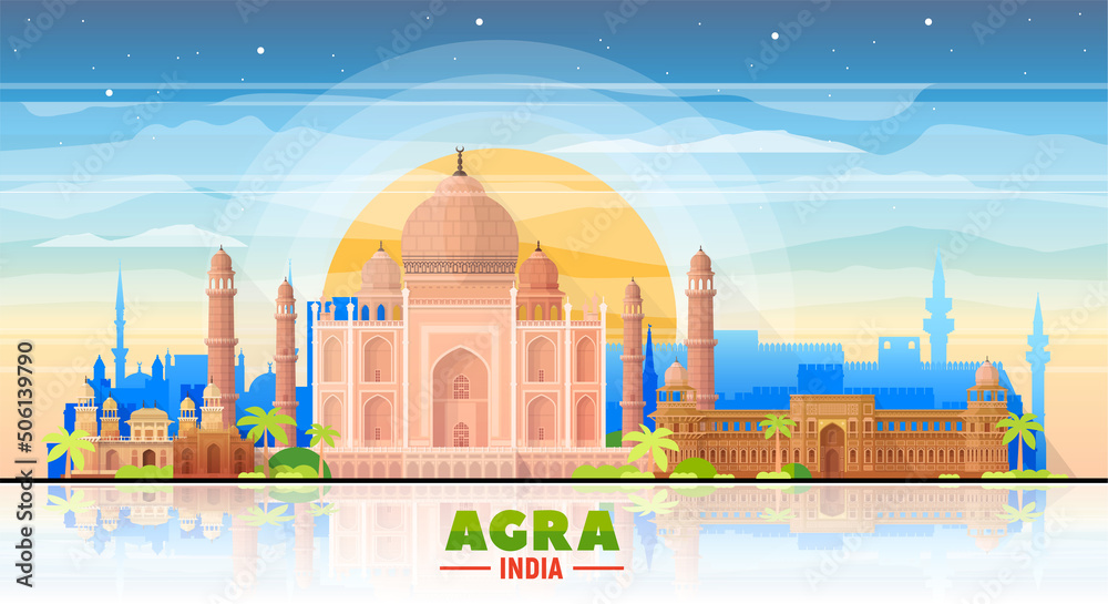 Agra India skyline with panorama in sky background. Vector Illustration. Business travel and tourism concept with modern buildings. Image for banner or web site.