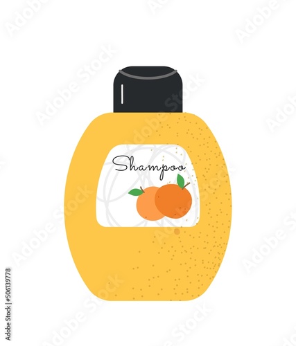 Beauty cosmetic product icon. Sticker with organic hygienic product for hair care. Bottle of shampoo with orange extract to cleanse scalp. Cartoon flat vector illustration isolated on white background