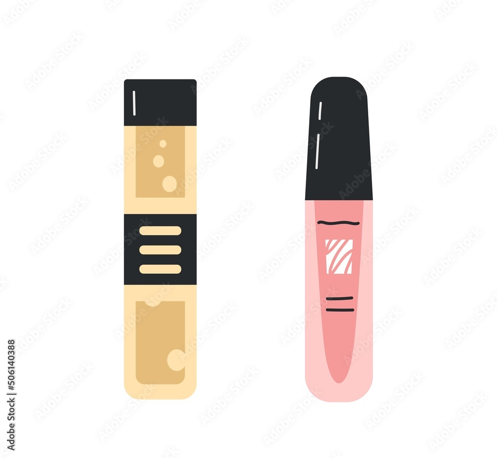 Beauty cosmetic product icon. Set of stickers with tubes of lip gloss and concealer for face skin. Makeup items or decorative cosmetics. Cartoon flat vector illustration isolated on white background Beauty cosmetic product icon. Set of stickers with tubes of lip gloss and concealer for face skin. Makeup items or decorative cosmetics. Cartoon flat vector illustration isolated on white background