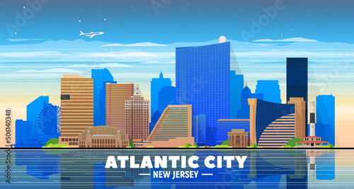 Atlantic City (New Jersey) skyline at sky background. Flat vector illustration. Business travel and tourism concept with modern buildings. Image for banner or web site.