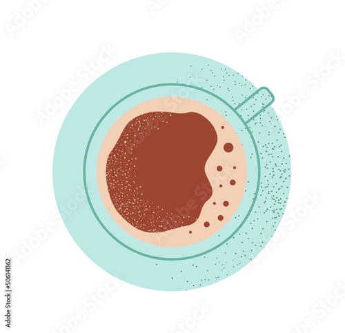 Cup of hot coffee concept. Sticker with delicious cocoa drink in blue mug. Morning breakfast in coffeehouse or cafe. Design for menu. Cartoon flat vector illustration isolated on white background