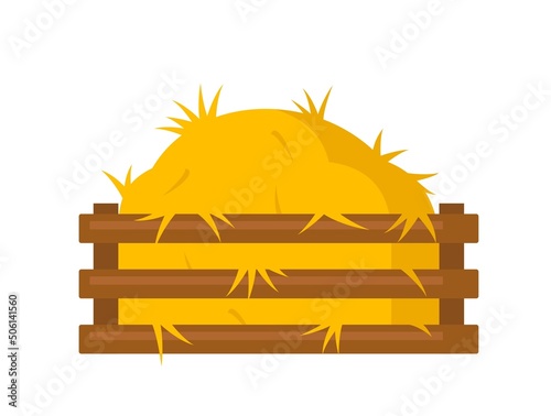 Bale of hay icon. Colorful sticker with large haystack or dry straw in wooden basket or box for transportation. Agriculture or farming. Cartoon flat vector illustration isolated on white background