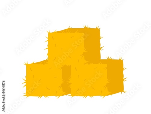 Bale of hay icon. Colorful sticker with hayloft or square haystacks. Piles of dry straw. Agriculture or farming. Design for printing. Cartoon flat vector illustration isolated on white background