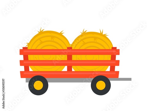 Bale of hay icon. Colorful sticker with round haystacks in trailer for transportation. Roll pile of dry straw. Agriculture or farming. Cartoon flat vector illustration isolated on white background