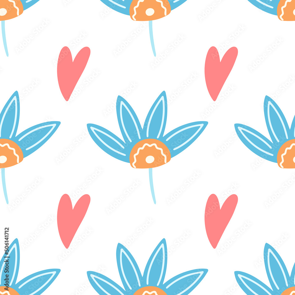 Flowers, heart and leaf seamless pattern. Scandinavian style background. Vector illustration for fabric design, gift paper, baby clothes, textiles, cards