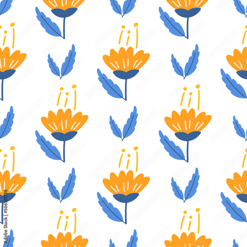 Calendula Flowers and leaf seamless pattern. Scandinavian style background. Vector illustration for fabric design, gift paper, baby clothes, textiles, cards