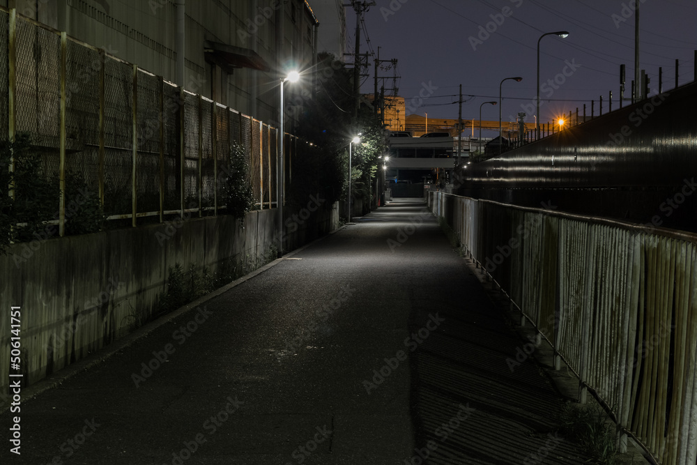 深夜の人気のない街灯のある夜道