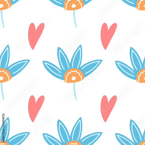 Flowers  heart and leaf seamless pattern. Scandinavian style background. Vector illustration for fabric design  gift paper  baby clothes  textiles  cards