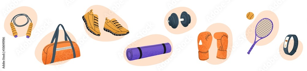 Yoga mat, bag, jump rope, sneakers, racket. Workout stuff bundle. Various sport inventory set. Isolated flat vector illustration.