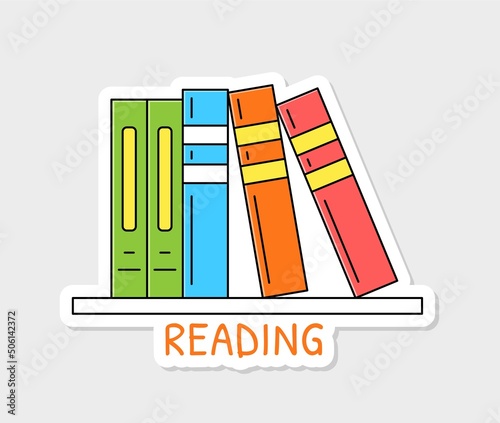 Back to school sticker. Bright badge with stack of books to read on shelf. School library with literature. Education and knowledge. Cartoon flat vector illustration isolated on beige background
