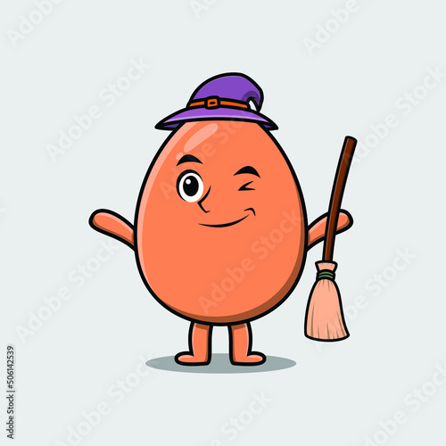 Cute cartoon witch shaped brown cute egg character with hat and broomstick