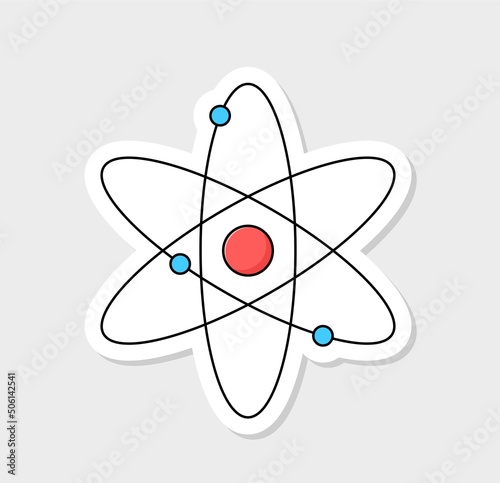Back to school sticker. Badge with atomic particle, electrons and protons. Studying in physics lesson. Getting knowledge and education. Cartoon flat vector illustration isolated on beige background
