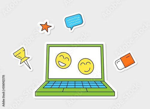 Back to school sticker. Set of badges with laptop, eraser and speech bubble. School supplies and device for remote education and study. Cartoon flat vector illustration isolated on beige background