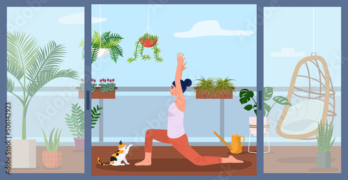 A woman doing yoga on apartment balcony decorated with green plants. Vector Illustration