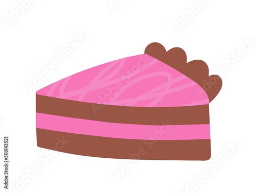 Colorful food sticker. Hand drawn texture icon with piece of delicious sweet cake. Chocolate dessert or pastries. Design for menu. Cartoon flat vector illustration isolated on white background