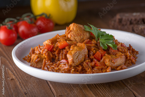 Rice similar to orzo pasta with chicken and vegetables Turkish cuisine Natural food Risoni