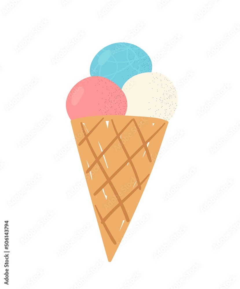 Colorful food sticker. Hand drawn texture icon with delicious sweet ice cream in waffle cone. Milk dessert with different flavors. Cartoon flat vector illustration isolated on white background Colorful food sticker. Hand drawn texture icon with delicious sweet ice cream in waffle cone. Milk dessert with different flavors. Cartoon flat vector illustration isolated on white background